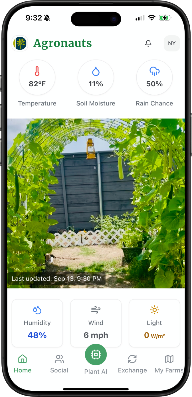 Agronauts.AI Home Dashboard showing garden overview, weather, and quick actions
