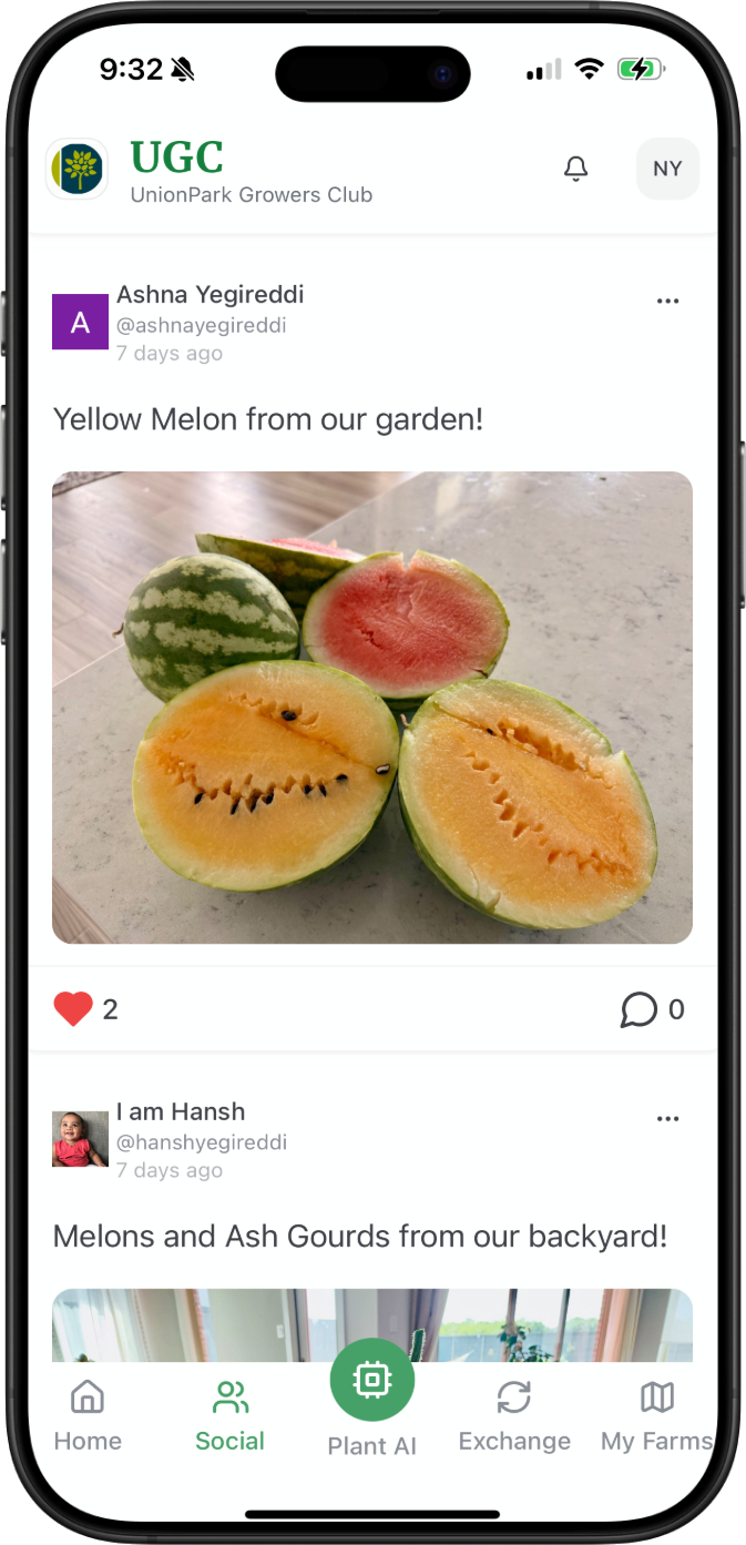 Social feed showing community posts, photos, and gardening discussions